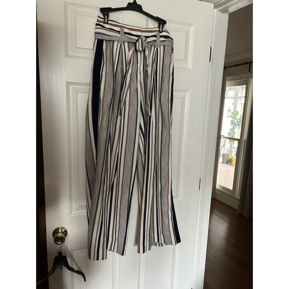 ME+EM striped linen blend wide leg pants trousers with tie belt and pockets--sz